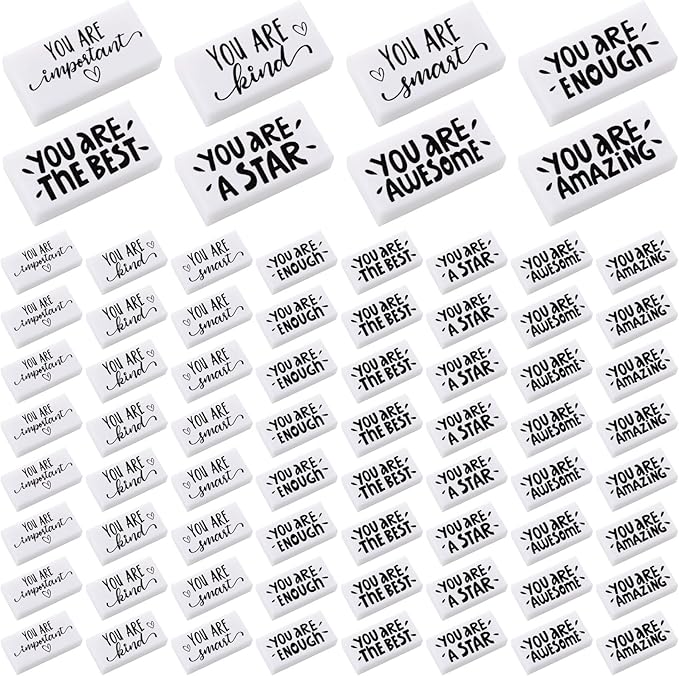 PerKoop 50 Pcs Back to School Inspirational Small Pencil Erasers Bulk for Kids, White Cute Fun Motivational Erasers Gifts for Teachers Students Classroom Reward First Day of School Supplies