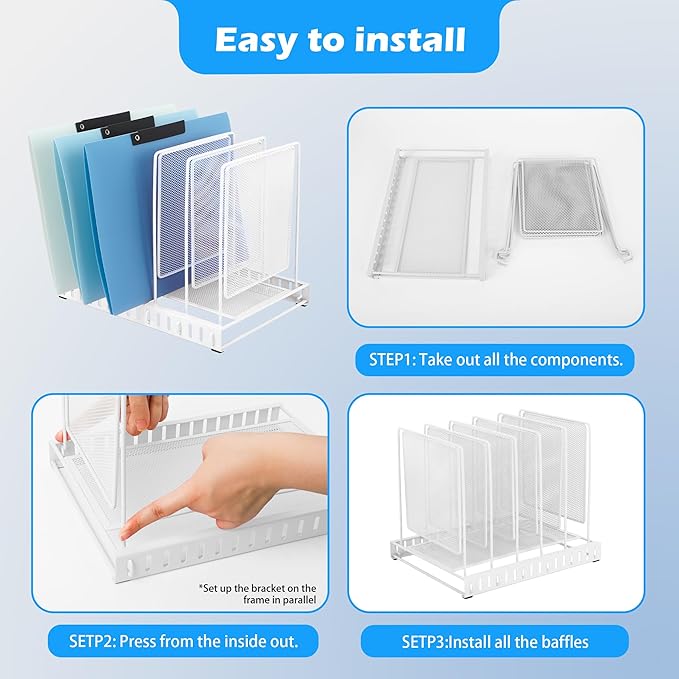 EASEPRES 5 Section Vertical Metal Mesh Desk File Organizer, Spacing Adjustable Upright Desktop Paper Mail Document Magazine Sorter Folder Holder for Workspace Office School Home, White