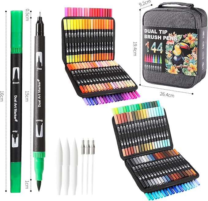 Double Brush Marker Pens, 144 Colors Art Markers Set with Fine Tip and Brush Tip for Kids Adult Coloring Book Hand Lettering Calligraphy Drawing Art Supplies Kit