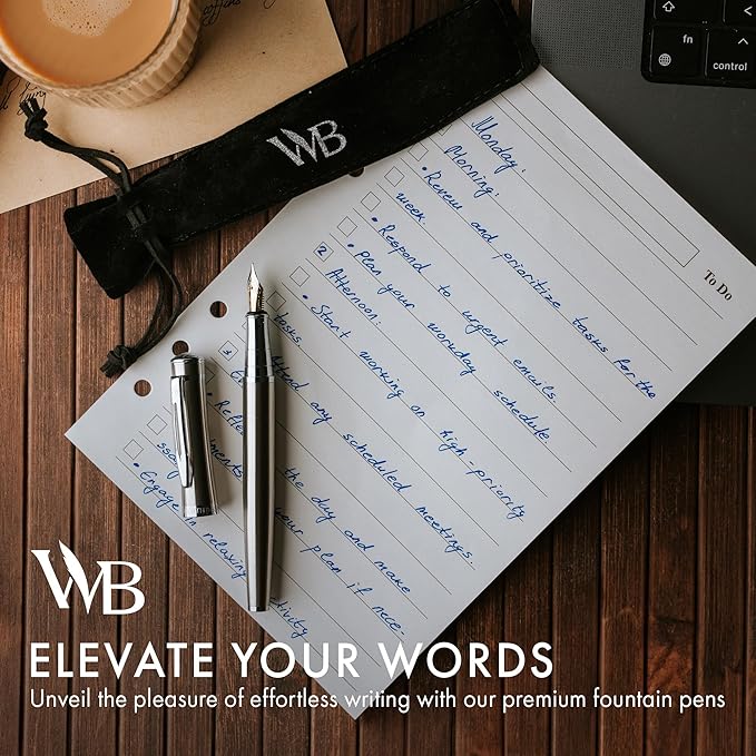 Wordsworth & Black Fountain Pen Set, Medium Nib, Includes 24 Pack Ink Cartridges, Ink Refill Converter & Gift Pouch, Chrome Finish, Calligraphy, [Silver Chrome], Perfect for Men & Women