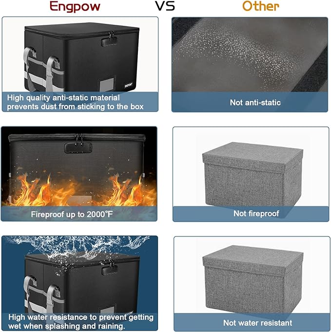 ENGPOW File Box with Lock,Fireproof Document Box with Zipper＆Pockets,Collapsible File Organizer Filing Storage Cabinet with Handle,Portable Home Office Safe for Hanging Letter/Legal Folder,Black