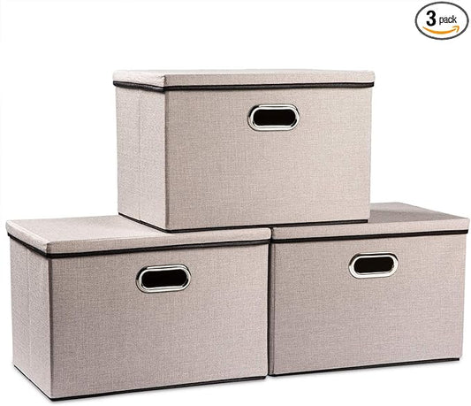 PRANDOM Large Foldable Storage Bins with Lids [3-Pack] linenFabric Decorative Storage Boxes Organizer Containers Baskets Cube with Handles Divider for Bedroom Closet Office Light Grey(17.7x11.8x11.8)