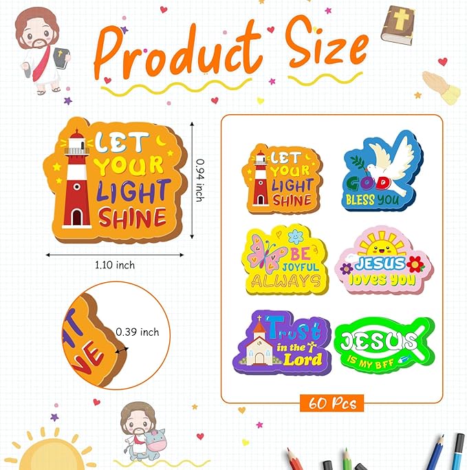 Cinrobiye 60 PCS Bible Verses Pencil Erasers Bulk Inspirational Scripture Eraser Christian Religious Favor Goody Bag Filler Gifts for Students Classroom Office Teacher Prizes Reward School Supplies
