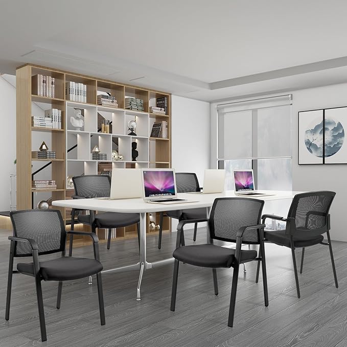 CLATINA Mesh Back Stacking Arm Chairs with Upholstered Fabric Seat and Ergonomic Lumber Support for Office School Church Guest Reception Black 4 Pack Set New Version