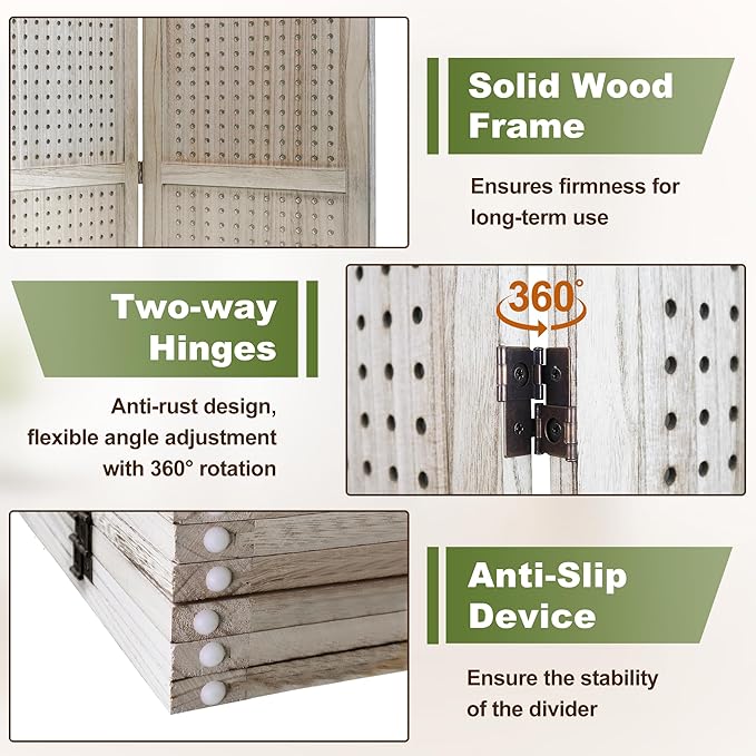 NicBex 4 Panel Pegboard Display,5.6FT Wood PegBoard Room Dividers,Folding Privacy Screens Portable Freestanding Display Board for Craft/Art Shows,Room Separation,Natural Wood