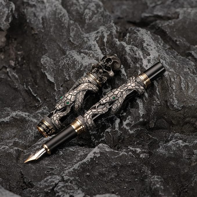 Jinhao Black Snake Fountain Pen Extra Fine Nib Retro Style with Skull Head Solid Metal and Paper Pen Case Set