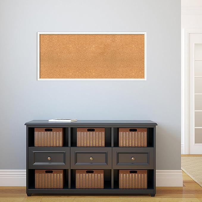 Amanti Art Natural Cork Board for Wall, 19x43 Vision Board with White Frame, Oversize Corkboard Office Decor for Home Organization, Modern Corkboard Pinboard to Display Items for Home Organization in