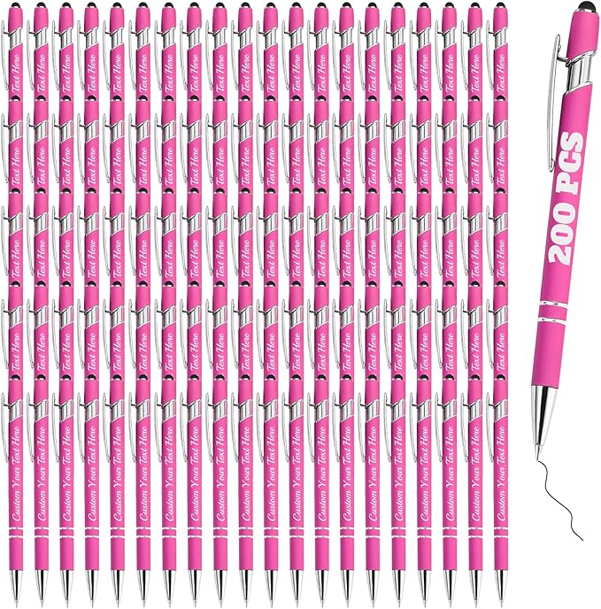 Personalized Pens Bulk 200 with Name Custom Engraving Ballpoint Pens with Stylus Tip Customized Smooth Writing Pens Personalized Gifts for Anniversary Birthday or Graduation(Pink,Black Ink)