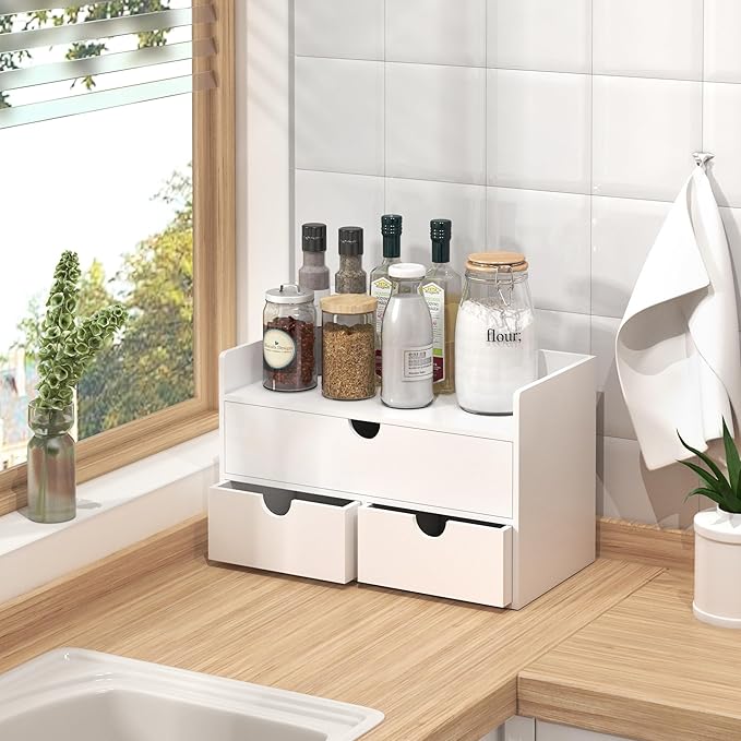 Bamboo Desk Organizer with Drawers Desktop Storage Drawers for Bills Office Supplies Kitchen Utensils Organizing Tool for Home Classroom Organization No Assembly (White with Shelf)