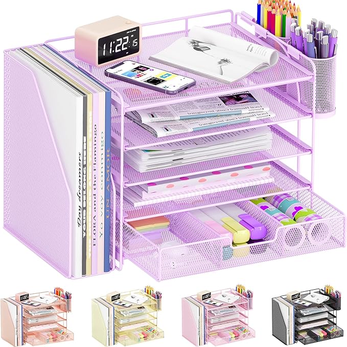Desk Organizers and Accessories, 5-Tier Paper File Organizer with Drawer & Pen Holder, Office Desk Accessories Workspace Desktop Organizer for Office Supplies((Purple)