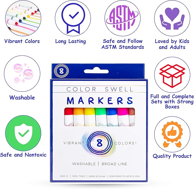 Color Swell Washable Markers 6 Boxes of 8 Vibrant Colors Perfect for Kids, Teachers, Adults, Parties, and Families…