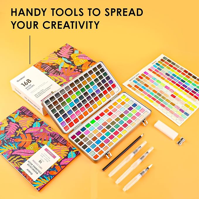 Grabie Watercolor Paint Set, Watercolor Paints, 168 Colors, Painting Set with Coloring Book, Water Brushes and Drawing Pencil, Art Supplies, Perfect Starter Kit for Watercolor Painting