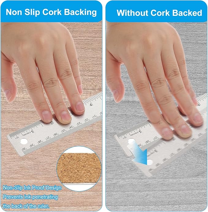 PATIKIL 6, 12 Inch Stainless Steel Straight Edge Ruler, 2 Pcs Cork Backing Non-Slip Metal Ruler with Inches Centimeter Metric Measuring Tools for Office