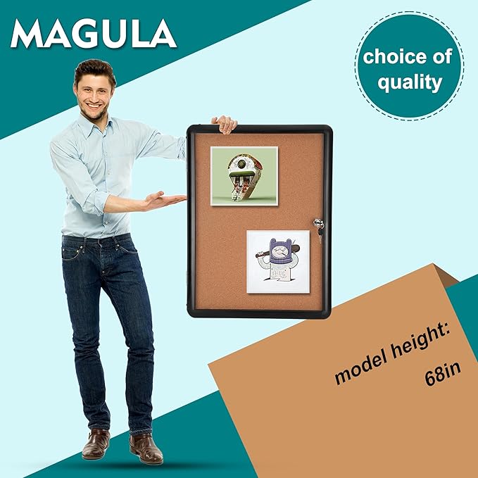 Magula Enclosed Cork Bulletin Board Tamper-Proof Dispaly Case, Black Aluminium Frame, Shatter Resistant Lockable Bulletin Board, Enclosed Cork Board for School, Office,Commercial,Hospital etc(24"x18")