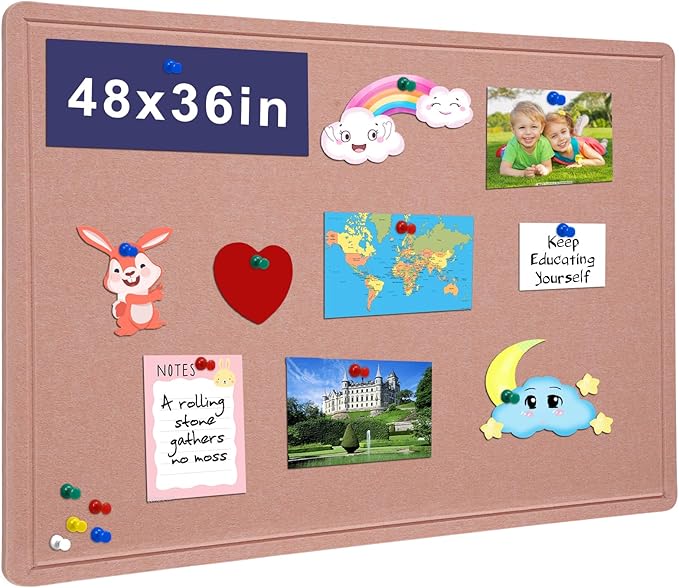 Large Bulletin Board - 48 X 36 inches Decorative Felt Pin Board - 4' x 3' Cork Board Alternative for Wall - Foldable Photo Board Self-Adhesive Vision Board Prayer Board with 30 Pushpins - Pink