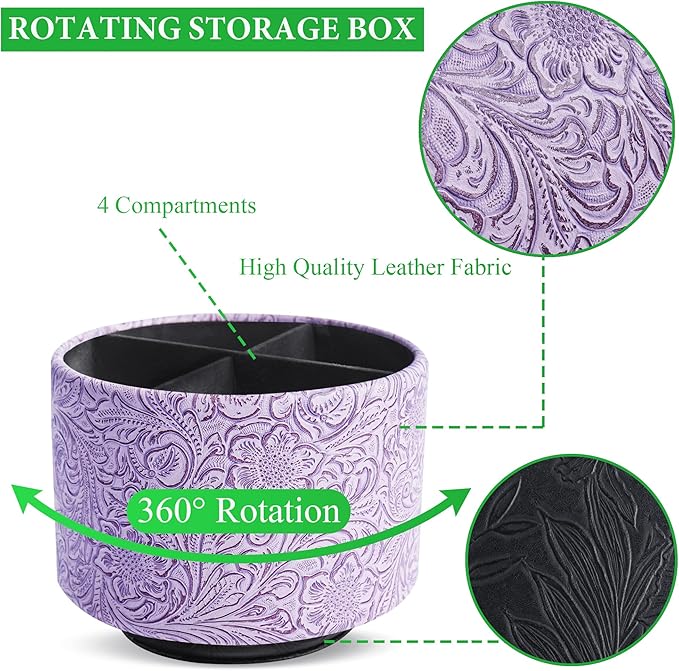 lizimandu Round Leather Art Supply Organizer,Remote Control Holder,360 Degree Spinning,Multi-Functional Pencil Holder,4 Compartments Desktop Stationary Organizer(1-Carved Puple)