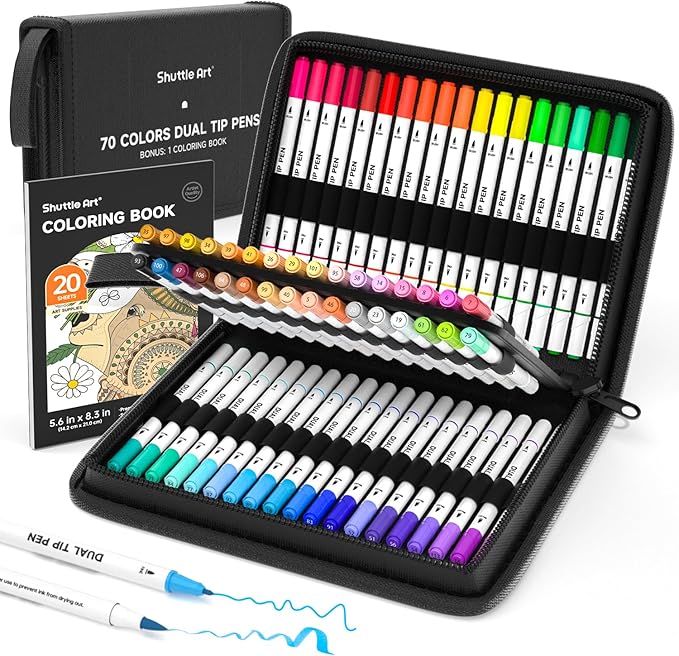 Shuttle Art Dual Tip Brush Pens, 70 Colors, Fine and Brush Dual Tip Markers Set, Portable Storage Case, Ideal for Calligraphy, Coloring, Doodling, Writing