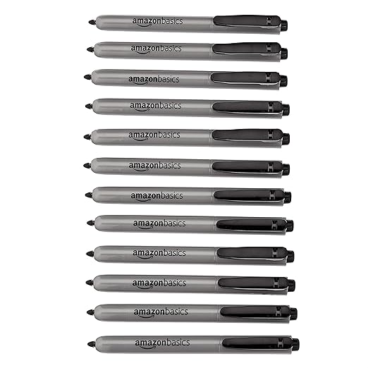Amazon Basics Retractable Permanent Markers, Versatile Art Supplies for Home, School, and Office Use, 12 Count, Black