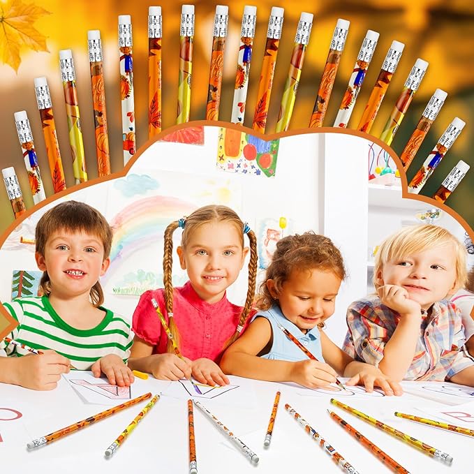 Cinrobiye 100 Pieces Fall Thanksgiving Day Pencils with Eraser Holiday Fall Maple Leaf Autumn Pumpkins Wood Scarecrow Acorns Pencils for Harvest School Party Gift Supplies