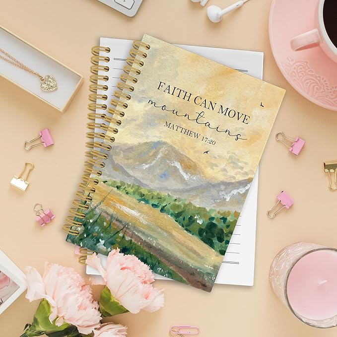 Faith Can Move Mountains Christian Spiral Notebook, Bible Journaling Notebooks for Women Men, Religious Hardcover Journals for Office 160 Pages 5.5 x 8.3 Inch, Christian Gifts for Women Faith