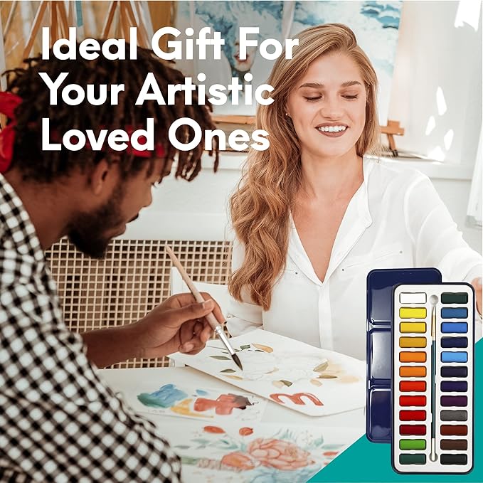 MozArt Supplies Watercolor Paint Essentials Set - Lightweight and Portable Metal Box - Lid Has 3 Partitions for Color Mixing - Easy-to-Blend Non-Toxic Formulation - 24 Vibrant Colors with Paintbrush