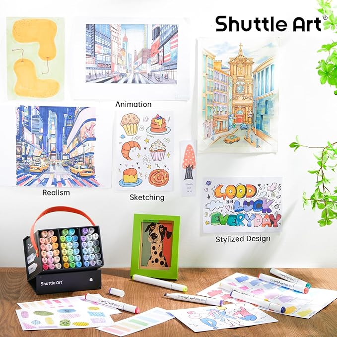 Shuttle Art Pastel Alcohol Markers Brush tip, Dual Tip Brush & Fine Tip Art Marker Set, 50 Colors plus 1 Blender Marker Pens with Case Perfect for Illustration Kids Students Adults Coloring Sketching
