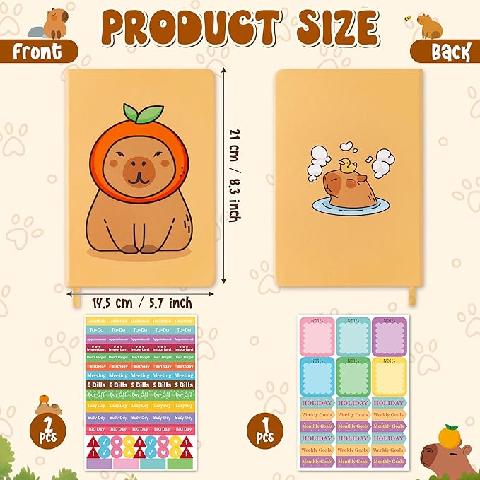 B1ykin Hardcover Ruled Journal Notebook with Planner Stickers, 196 Pages PU Leather Journal Notebook Journals Diary Notepad for Writing Travel Business Work School College Note Taking (Capybara)