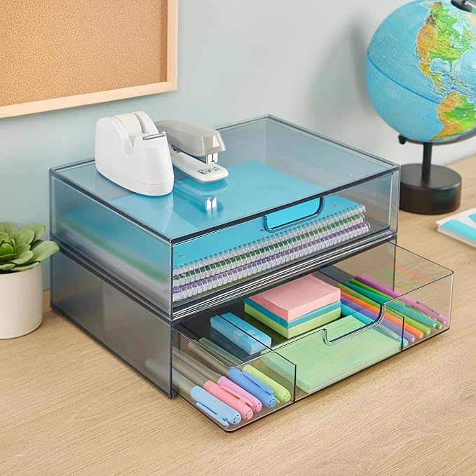STORi STAX Plastic Stackable Organizer Drawers (Set of 2) Classic Grey | 12.5" Wide | Set Includes One Open Drawer & One Divided Drawer | Organize Office Desk Accessories & Sort Paper | Made in USA