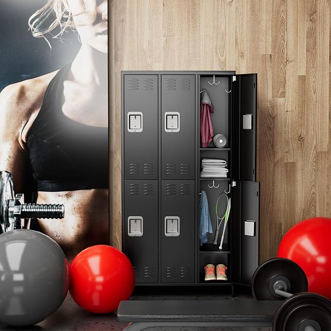6 Doors Metal Lockers for Employees with Lock, Metal Locker with 18 Hooks for School Garage Office Gym Home,Assembly Required,Black