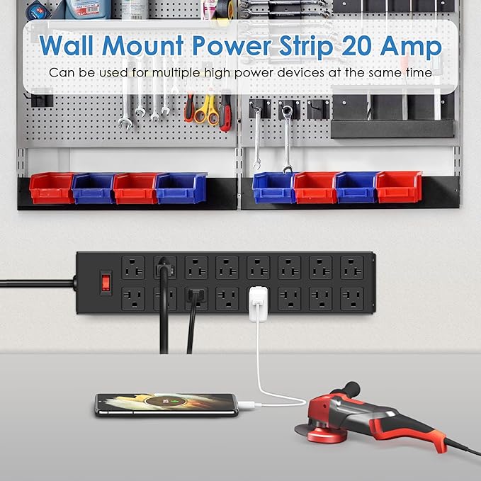 JUNNUJ Heavy Duty 20 Amp Power Strip with Surge Protection 3000J, Garage 16 Outlets Metal 12 Gauge, Desk Strips Wide Spaced, High Amp 5-15P Adapter Shop 6-20R T-Slot Industrial Outlets (16AC, 10FT)