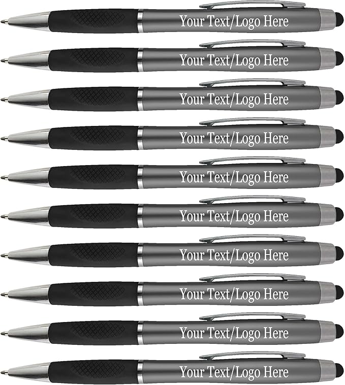 Personalized Pens With your Custom Logo or Text-300 Pack Bulk-for Businesses, Parties, and Events, 2 in 1 Ballpoint Pen + Capacitive Stylus Compatible with Touchscreen Devices, Grey Barrel, Blue Ink
