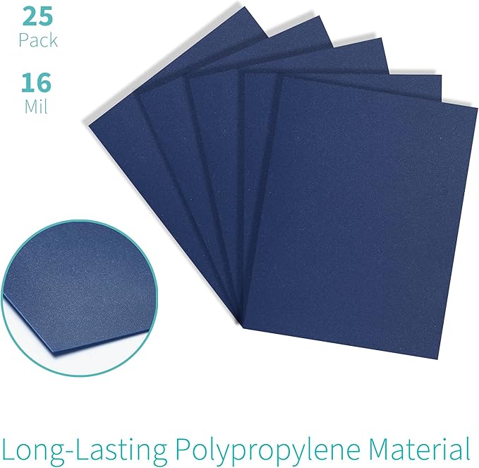 Binditek 25 Pack 16 Mil Sand-Textured Polycover, Heavy Weight Binding Front and Back Covers, Lightly Sanded Finish, 8-1/2" x 11", Square Corners, Un-Punched, Navy, Office Supplies