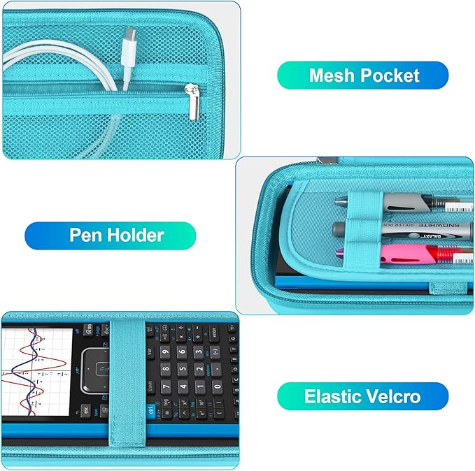 BOVKE Graphing Calculator Carrying Case for Texas Instruments TI-Nspire CX II CAS/CX II/CX/CX CAS Calculator and More - Mesh Pocket for USB Cables and Other School Supplies, Turquoise