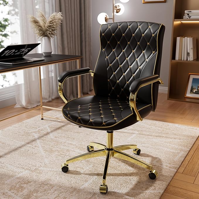 Black and Gold Office Chair with Soft Leather Embroidery, Mid Back Vintage Swivel Executive Desk Chair with Wheels and Padded Arms, Adjustable Height