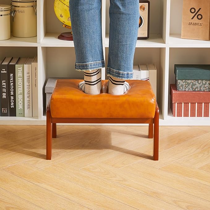 IBUYKE 10.2” H Small Foot Stool Ottoman, Rectangle PU Faux Leather Foot Rest with Padded Seat and Wood Legs, Modern Ottoman Foot Rest for Living Room Bedroom Couch Office, Yellowish-Brown WBD013J