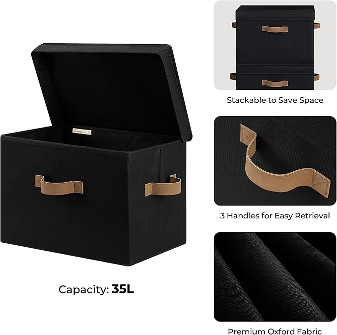 StorageWorks Fabric Storage Bins with Lid, Decorative Storage Boxes for Shelves, Stackable Closet Organizer Basket with Handles, Jumbo, Black, 2-Pack