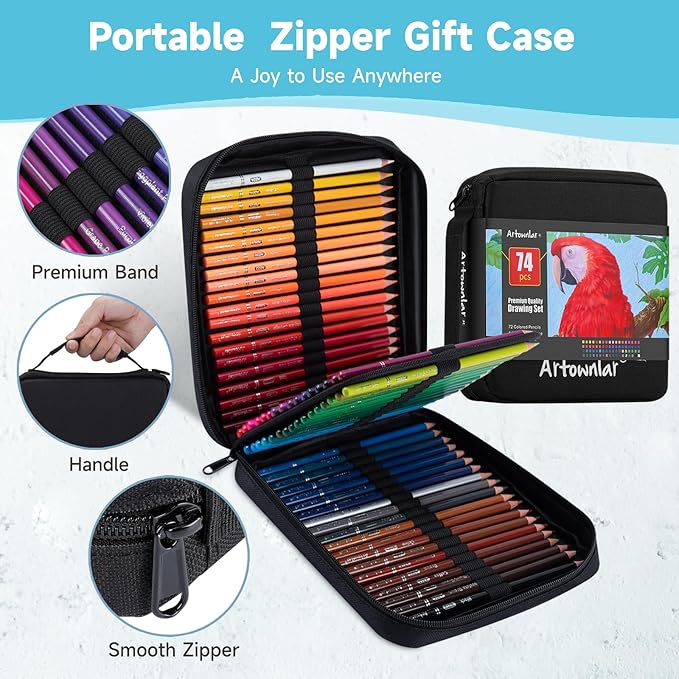 Artownlar Premium 72 Colored Pencils with Coloring Books Set, Artist Soft Core Vibrant Colors, Blending Shading Drawing Sketching Art Supplies, Oil Based Gift Case for Adults Girls Teens.
