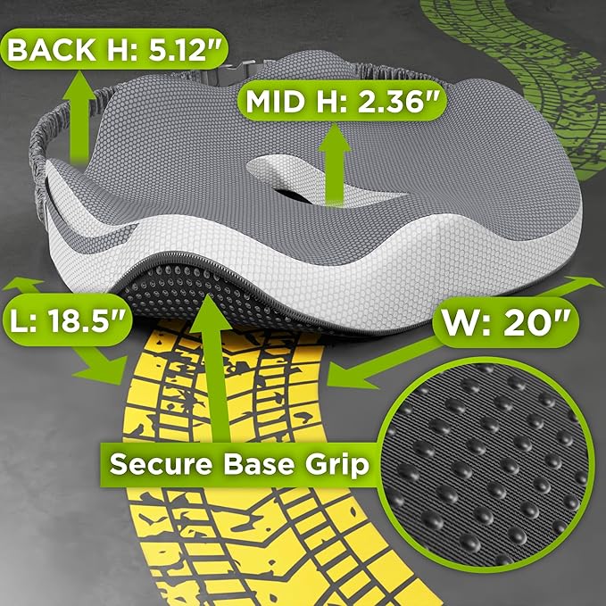 Large Truck Seat Cushion for Truck Driver Seat Cushion - Upgraded Back Support, CertiPUR-US® Certified - Thick Memory Foam, Pain Relief for Hours of Driving, Trucker Approved Big Rig - Gray