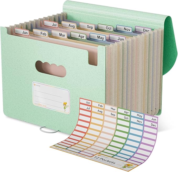 Accordion File Organizer, 12 Pockets Wheat Straw Expanding File Folder, Portable Monthly Paper Bill Tax Receipt Organizer, Letter A4 Size Document Holder，Green Office with Colorful Tab，Mint Green