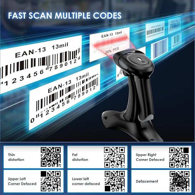Eyoyo 2D 1D Wireless Barcode Scanner with Stand, 3-in-1 Barcode Reader 2.4G Wireless & Bluetooth & Wired USB Connection, Handheld QR Code Scanner for iPhone, Mac, Android, Store, Warehouse, Library