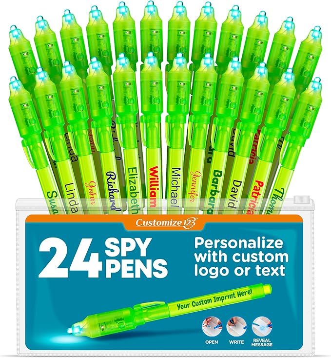 Personalized Invisible Disappearing Ink Pen Marker Pack, Custom Secret Spy Message Writer with UV Light, Fun for Kids Party Favors Gifts and Stock Stuffers, 24 Pack, Green