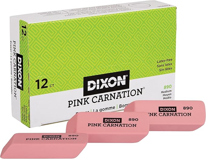 Dixon Pink Carnation Wedge Erasers, Medium, Pink, 2" x .75", 12-Pack (38900)