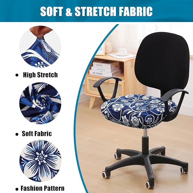 Smiry Printed Office Computer Chair Seat Covers, Stretch Fit Universal Desk Rotating Chair Cover Washable Removable Seat Cushion Protectors - Navy Blue
