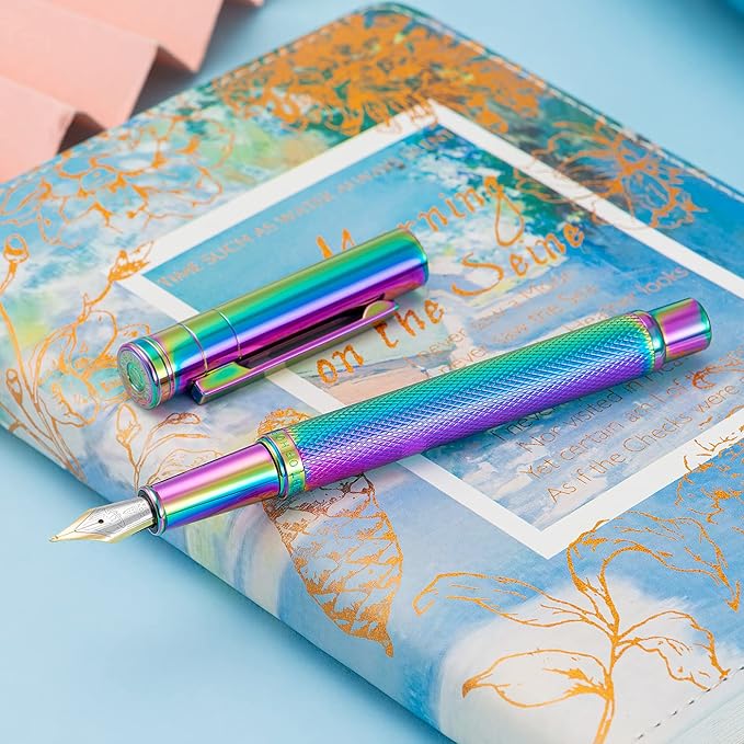 Hongdian Rainbow Forest Fountain Pen Blade Nib Classic Design Calligraphy Pen with Converter and Metal Pen Case Set