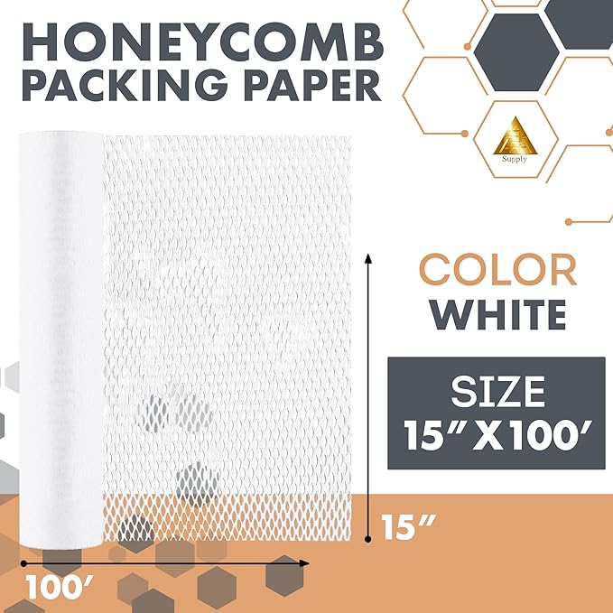 White Honeycomb Packing Paper for Moving Breakables, 15 Inch x 100 Feet. Fragile Shipping Supplies. Perforated Packing Materials for Fragile Items. Moving Paper Wrap. Eco Friendly Packaging