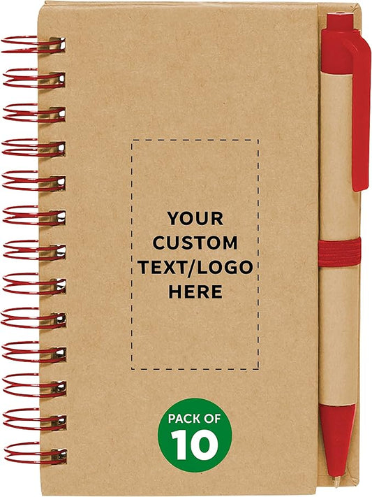 Custom Mini Spiral Notebooks with Black Ink Pens Set of 10, Personalized Bulk Pack - Perfect for School, Office, Business, Home - Red