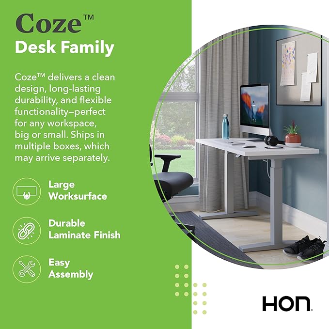 HON Coze Electric Standing Desk Adjustable Height, Coordinate Height Adjustable Desk, 54", Natural Recon Top, White Base