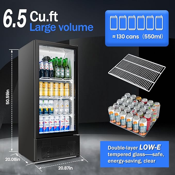 6.5 Cu.Ft Commercial Beverage Refrigerator Glass Door Upright Drink Cooler Display Fridge with Adjustable Shelves and LED Light for Restaurant Bar Store Office
