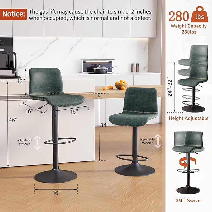 HeuGah Bar Stools Set of 3, Swivel Counter Height Barstools with Back, Adjustable Height 24" to 32", Faux Leather Bar Chairs for Kitchen Island (Deep Teal, Set of 3 (24'' to 32''))