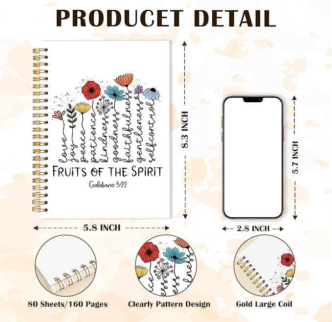 Qabliqo Fruit of the Spirit Christian Spiral Notebooks, Galatians 5:22 Bible Journals for Writing, Religious Scripture Journal for Women, Floral Bible Notebook for Note Taking, 5.5x8.3 Inch